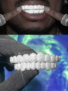 2pcs/set 18k Plated Cubic Zircon Grillz, 10 Teeth Top Bottom Grills, Punk Tooth Braces, Cosplay Rapper Jewelry, All Seasons, Teeth Kit