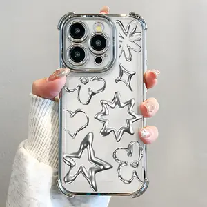 Silver Pattern Phone Case , Electroplated Cover with Airbag Shockproof Slim Soft TPU Cover for iPhone 11 12 13 14 15 16 Pro Max Plus Girl Women Trendy