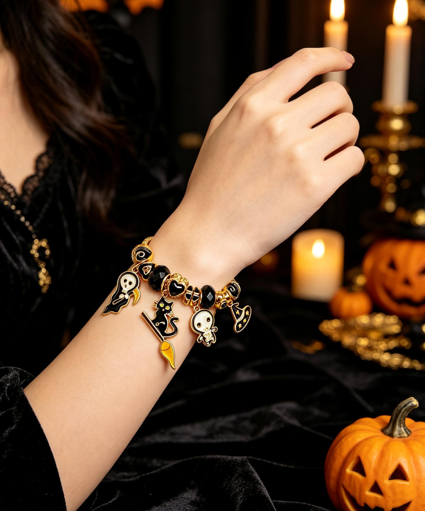 Halloween Black Cat Witch Charm Bracelet, Gold Plated Adjustable Snake Chain Bangle with Grim Reaper Ghost Witch Hat Black Crystal Beads, Gothic Holiday Jewelry Gift for Women Teen Girls Halloween Black Cat Witch Charm Bracelet, Gold Plated Adjustable Snake Chain Bangle with Grim Reaper Ghost Witch Hat Black Crystal Beads, Gothic Holiday Jewelry Gift for Women Teen Girls