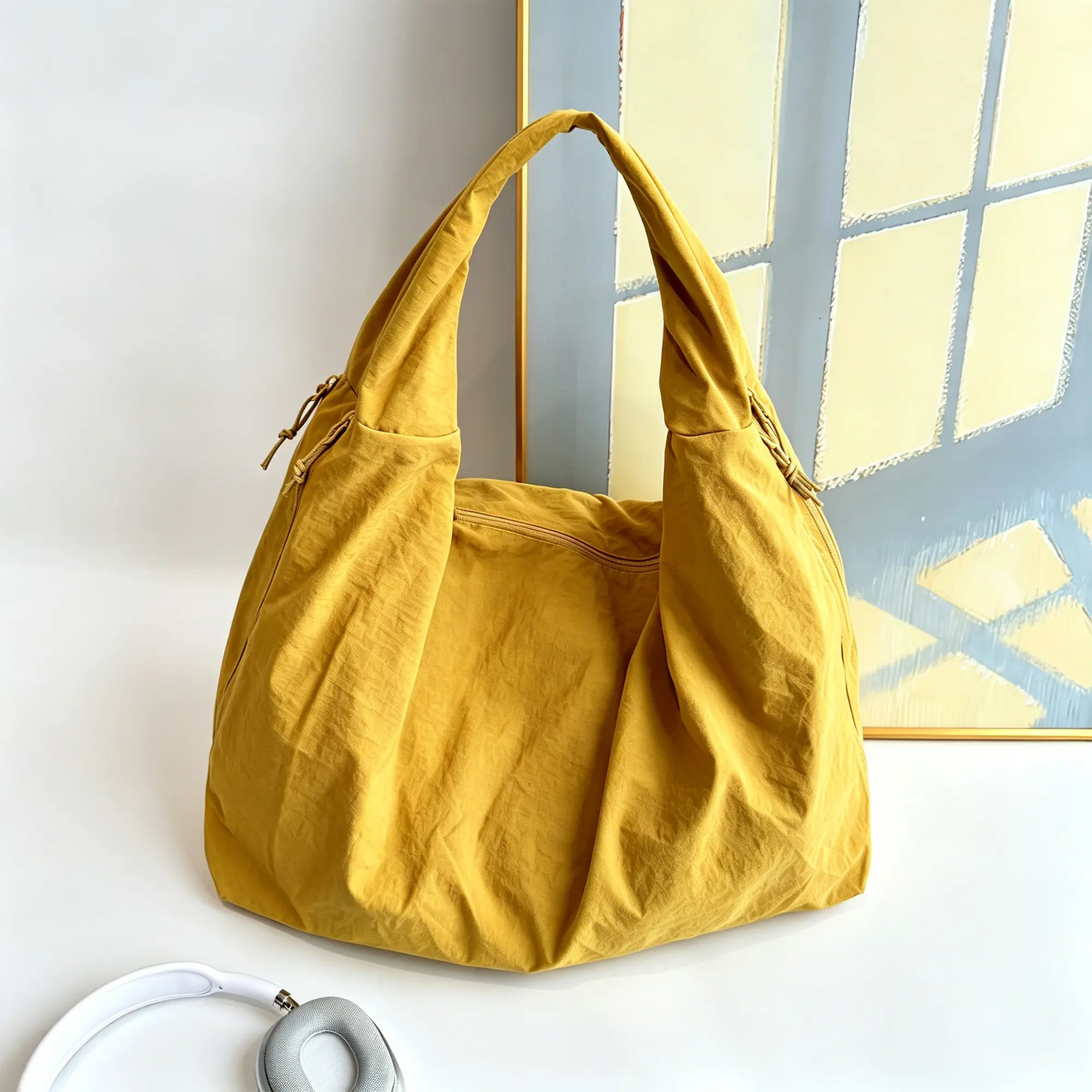 Slouchy Tote Bag – Nylon Solid Pleated Handbag for Men & Women, Large Shoulder Travel Gym Commute Hobo Weekend Vacation