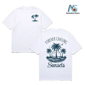 Womens Cotton Short Sleeve Graphic T Shirt Forever Chasing Sunsets Palm Tree Beach Sunset Print Summer Vacation Coastal Casual Tee For Travel Weekend