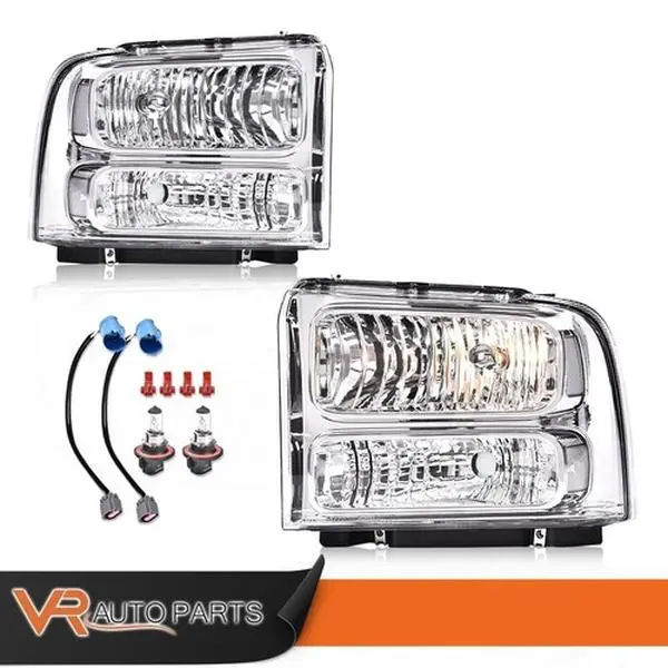 Halogen Bulb Chrome Headlights with DRL, Compatible with 99-04 Ford F250, F350 Superduty, Excursion, Halogen Bulbs