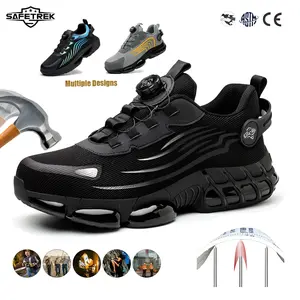 SAFETREK Men's Steel Toe Safety Shoes Round Toe All-Season Work Sneakers Non-Slip Rotating Buckle Anti-Puncture EVA Sole Breathable Mesh Ideal for Construction Outdoor Work Black Men's Gift - Footwear
