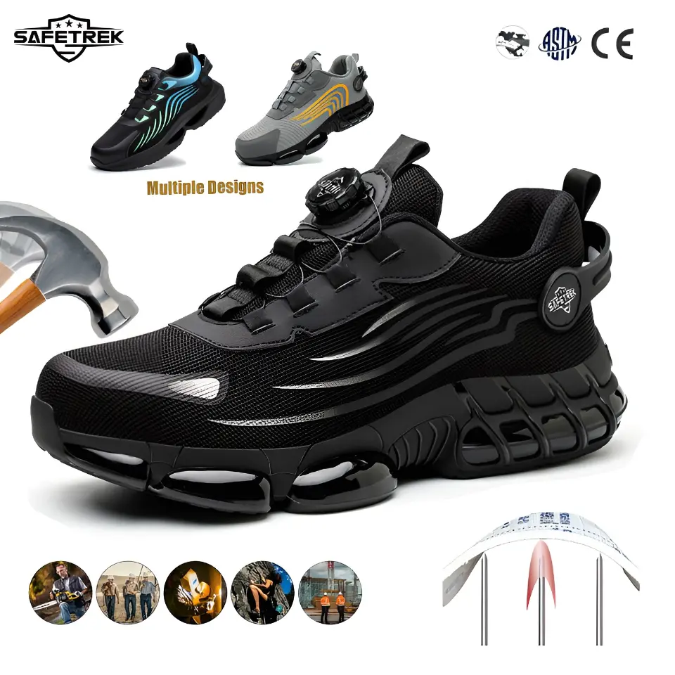 SAFETREK Men's Steel Toe Safety Shoes Round Toe All-Season Work Sneakers Non-Slip Rotating Buckle Anti-Puncture EVA Sole Breathable Mesh Ideal for Construction Outdoor Work Black Men's Gift - Footwear