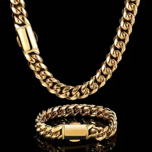 12mm Cuban Chain Bracelet and Necklace Set, Stainless Steel Cuban Links Male Jewelry, Hip-Hop Wear Miami Look, Father’s Day Gift for Men