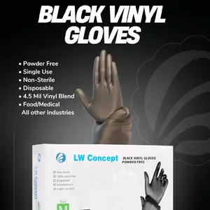 LW Concept Black Vinyl Gloves Powder Free 5mil Single Use Non-Sterile Disposable for Food Medical & Other Industries Powder-Free