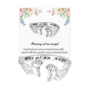 Letter & Wing Design Cuff Ring, Adjustable Jewelry for Women, Unique Angel Wing & Foot Shape "Mommy of an Angel" Engraving Open hug rings, All-match Accessories for Daily Wear, Perfect Gift for Mom, Girlfriend, Wife,or Friend