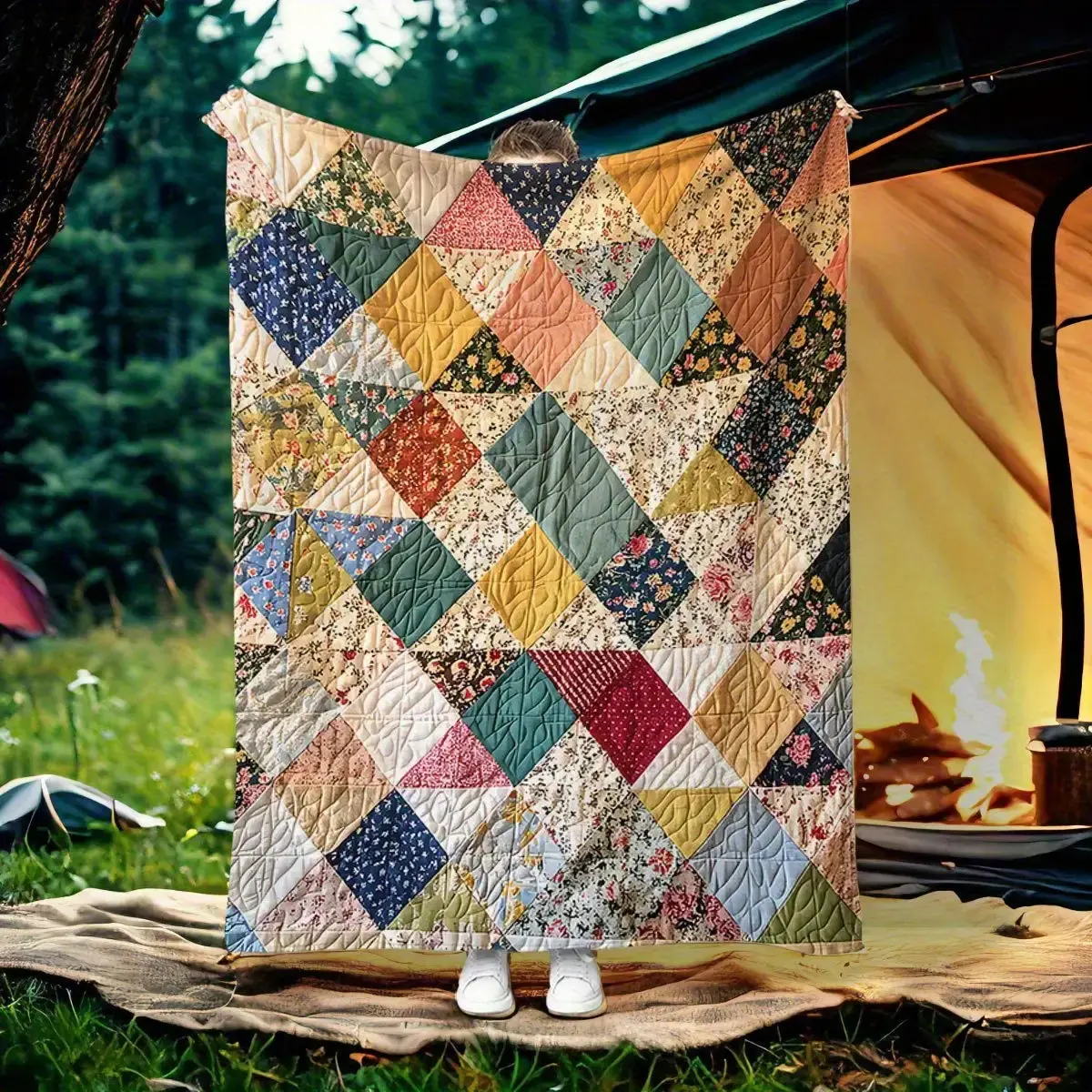 Vintage Polyester Flannel Quilt Blanket - All-Season Soft Bedspread with Multicolor Retro Patterns (Diamond, Floral, Plaid), Lightweight Machine-Washable Cover for Bed, Sofa, Home Decor Items, Vintage Home Decor
