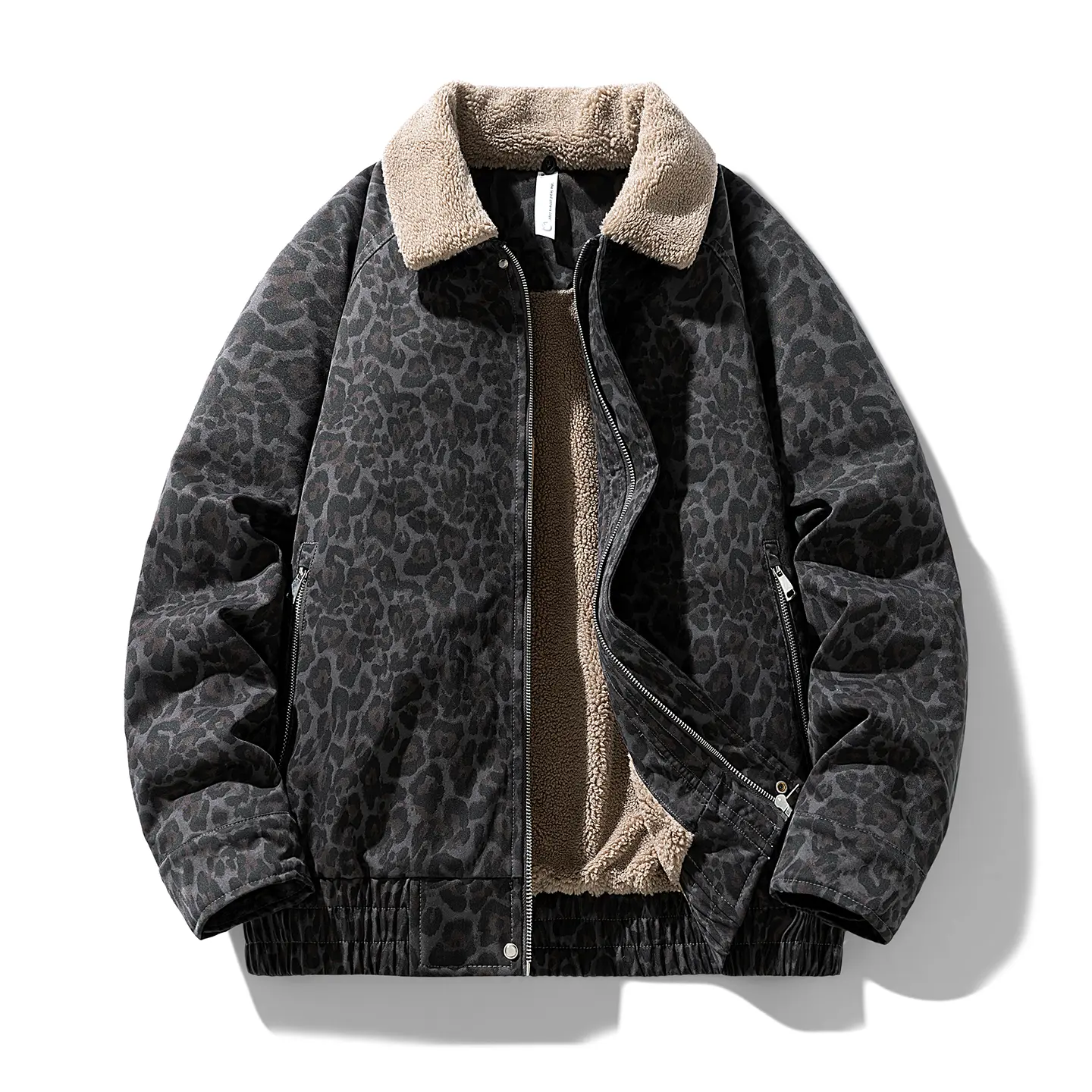 Vintage Leopard Print Fleece Jacket Autumn and winter fashion casual collar warm jacket zipper closure coat winter clothing Stylish