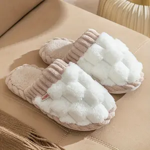 Cozy Women's Slippers Mules Winter Warm Fuzzy Happy Slippers Cute Fluffy for Indoor Outdoor Soft Comfortable Anti Slip Sole Classic Color Block Pattern High Quality Fur Fabric Gift Idea Footwear Flipflop