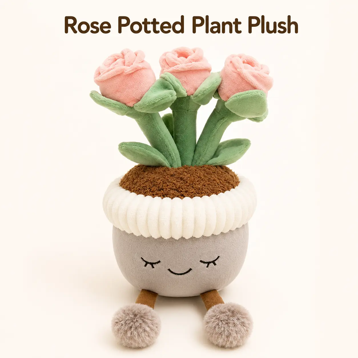 30cm Plush Fabric Soft Stuffed Rose Potted Plant Toy - Huggable Collectible, Cuddly Doll Gift, Aesthetic Room Decor with Pom-Pom Feet, Sleepy Face, Desk Accent for Plant Lovers