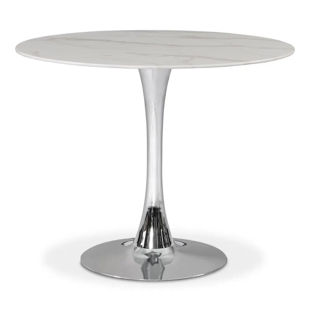 Holly Chrome Dining Table, 36-Inch Silver Marble Pedestal Table, Outdoor Furniture for Den Use