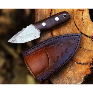 Handmade Damascus Hunting EDC Camping Deer - Full Tang Fixed Mini Pocket Cowboy Neck for Bushcraft, Camping and Skining with leather sheath Holster - Predator Hunter Viking - Ideal Viking Gift for Men