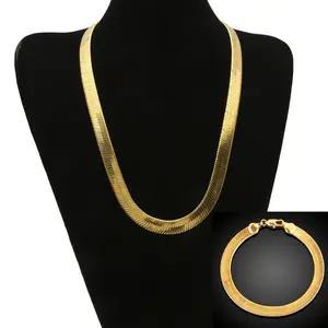 2pcs Golden-Tone Flat Herringbone Necklace & Bracelet Set - Men's Fashion Accessory