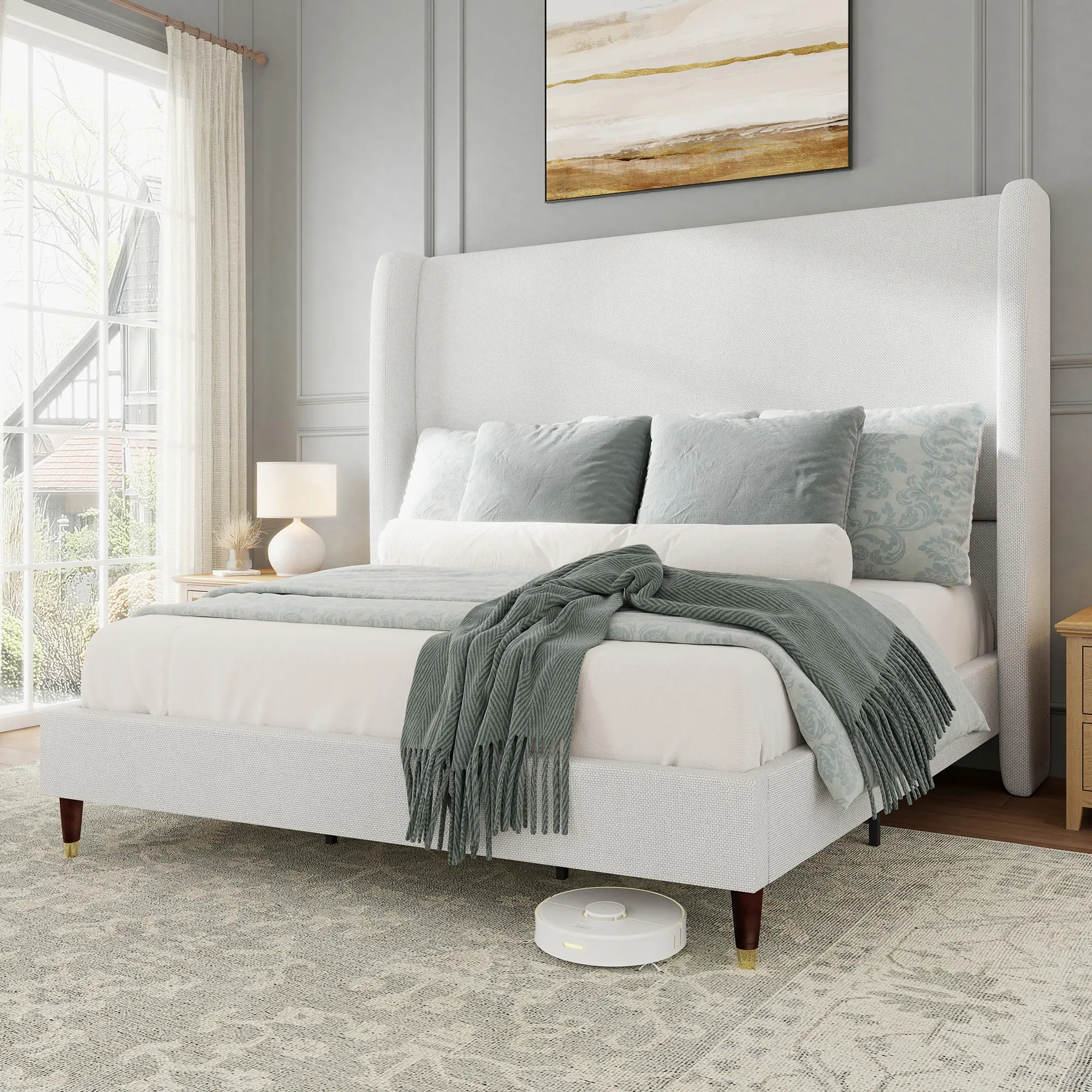 AMERLIFE Platform Bed Frame with 51.2" Tall Headboard, Upholstered Bed with Wingback/Solid Wood Legs/Durability& Silent /No Box Spring Required/Luxury Bedroom Furniture/Full/Queen/King Size/Best Gift Ideas/Christmas Gifts