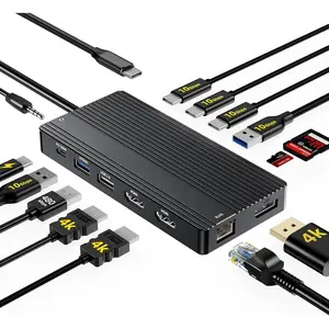 USB C Hub USB C Docking Station Dual Monitor14-IN-1 Triple Display Multiport Adapter with 2*HDMI +DP + 5*USB-A/C 10Gbps Ports+Ethernet+SD/TF Laptop Docking Station for ///Thinkpad (Black)