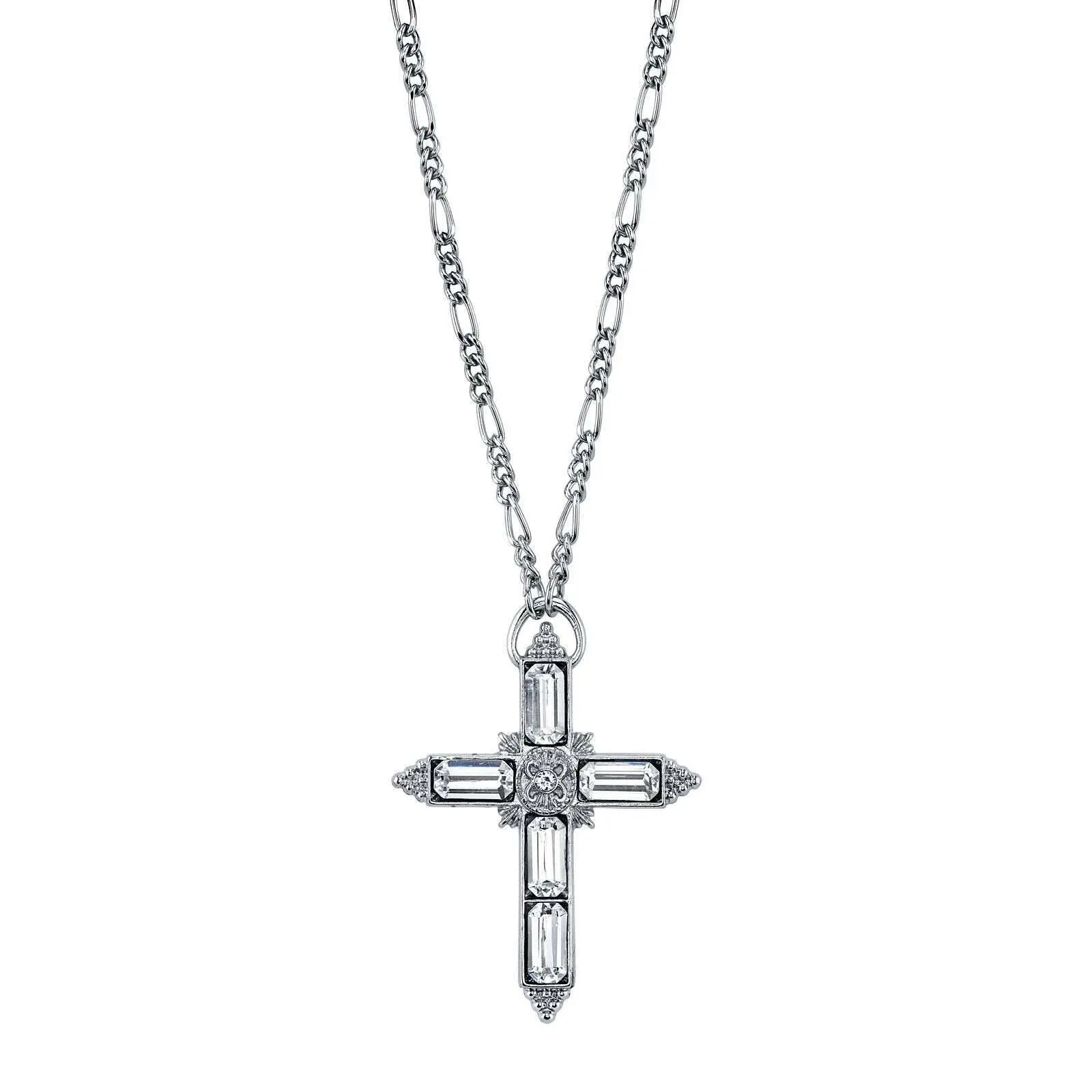 1928 Spiritual Large Crystal Cross Pendant Necklace 28"
