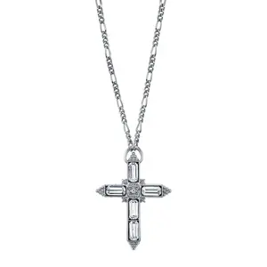 1928 Spiritual Large Crystal Cross Pendant Necklace 28"