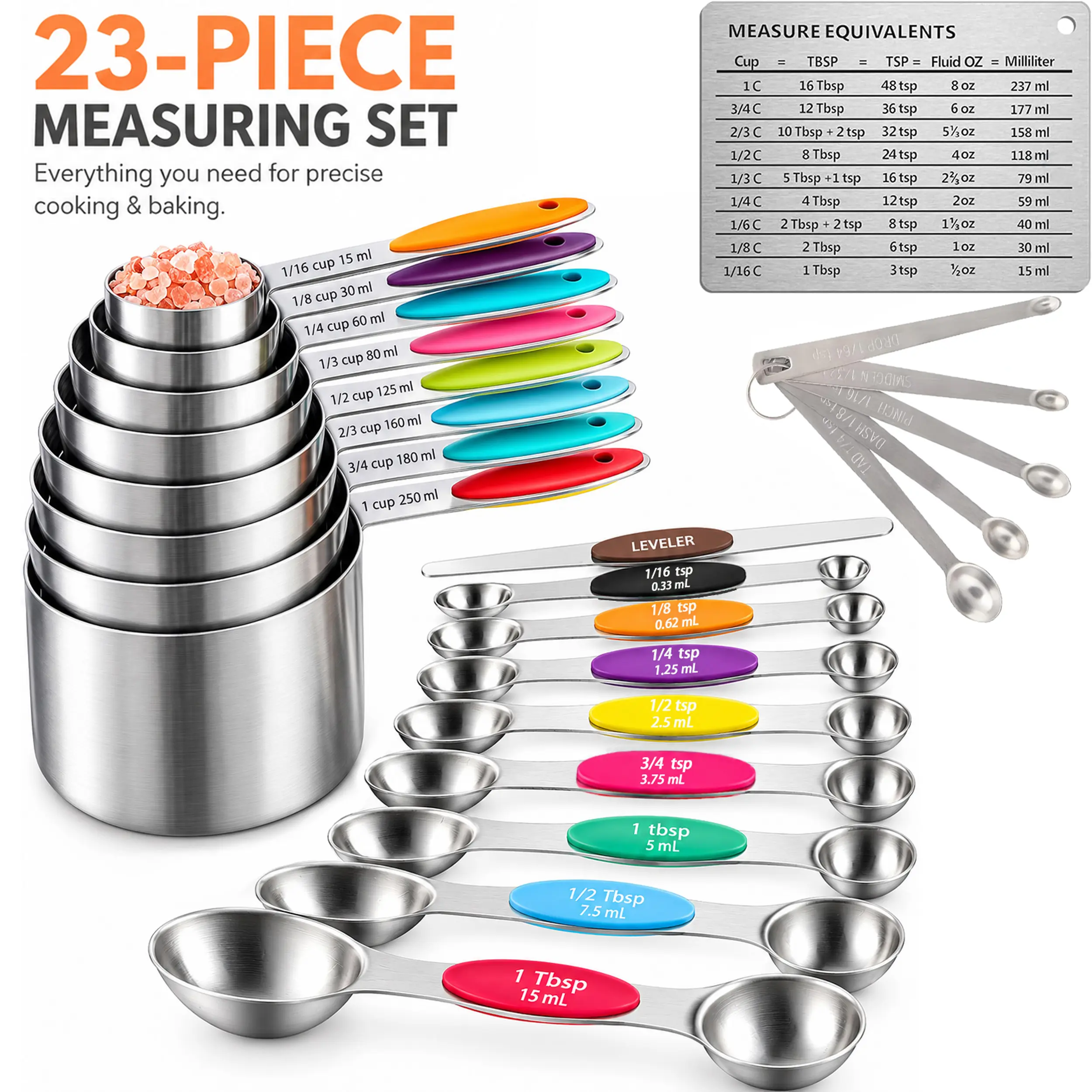 17/23-Pcs Stainless Steel Measuring Cups and Spoons Set - Food Measuring Tool, Kitchen Measuring Utensils, Essential Family Kitchen Gadgets for Baking & Cooking (Comes with refrigerator sticker and mini micronutrient spoon)