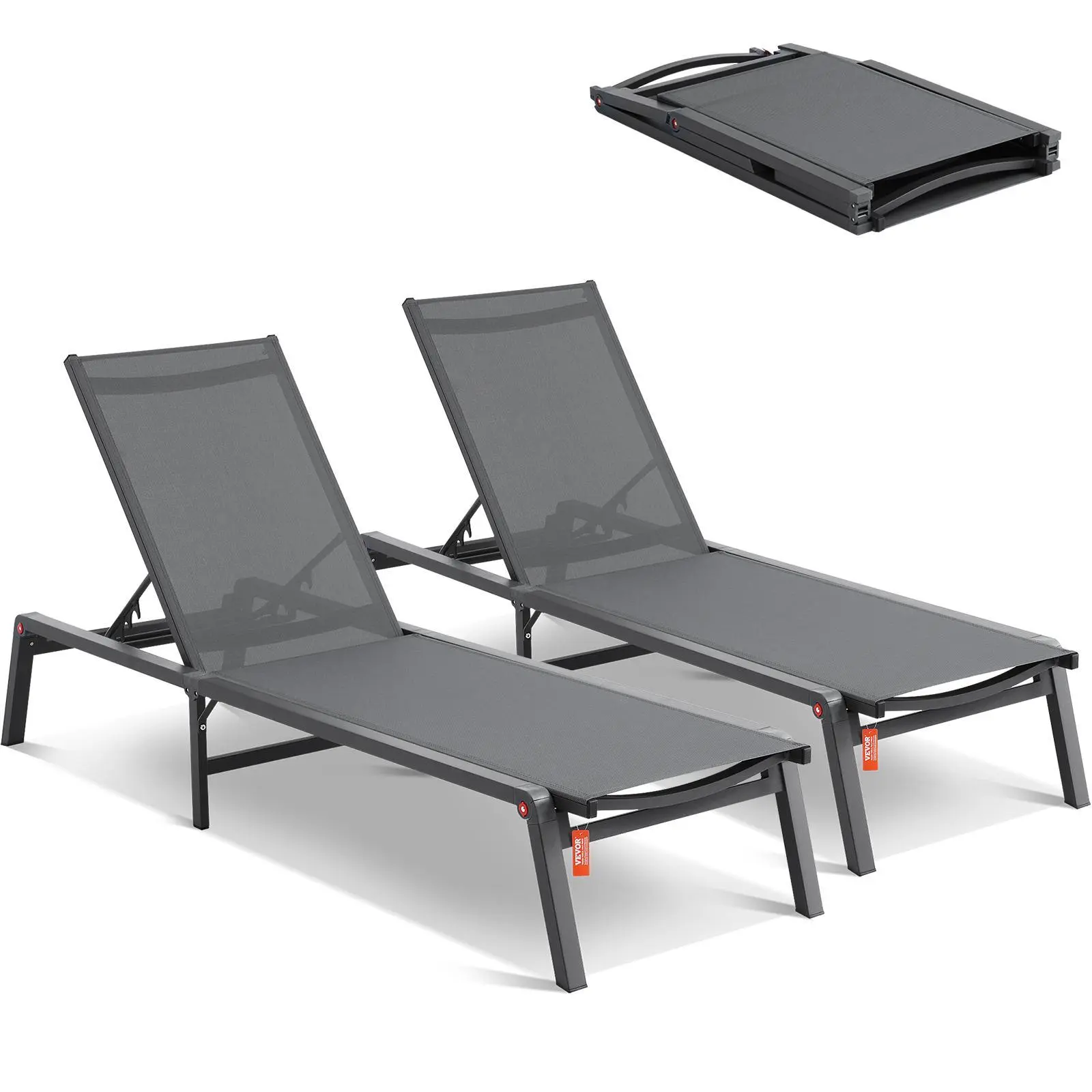 VEVOR Chaise Lounge Chairs Outdoor,  , Aluminum Patio Lounge Chairs with Adjustable 5-Position, Folding Pool Lounge Chairs Recliner and Full Flat Tanning Chairs for Patio, Beach, Pool, Dark Grey, 2 pcs#BacktoSchool