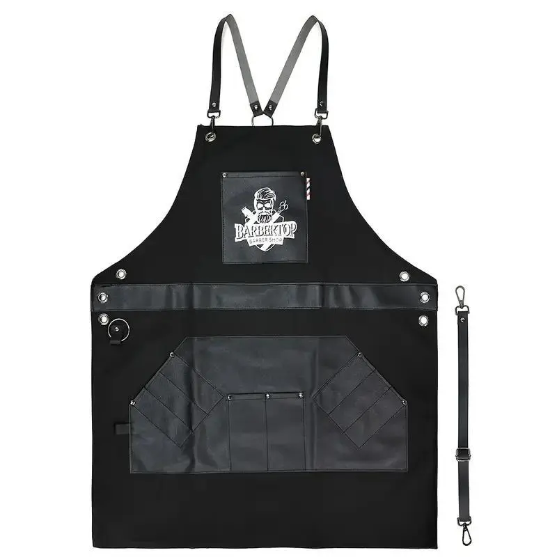 Barber Apron with Pocket - Durable, Practical, Anti-Static Synthetic Leather, 2 Colors, Adjustable Straps, Multiple Pockets for Hairdressing Tools (Black)