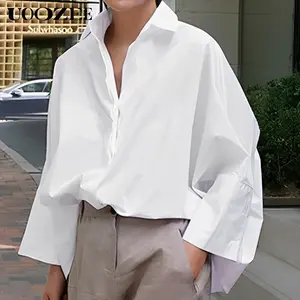 Women's Long-Sleeve Button-Down Collared Blouse, Baggy Oversized Minimalist Basic Polyester Solid Color Lapel Work Top