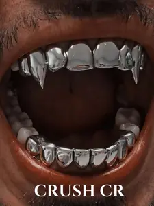 CRUSH CR 18K Gold Plated Vampire Fangs, Teeth Grillz Set (Top & Bottom), High-Shine Metal Finish, Gold/Silver Dual Options, Perfect For Gothic Hip Hop Concerts, Club Nights Streetwear Styling, Unisex Dental Accessory For Rappers Trendsetters