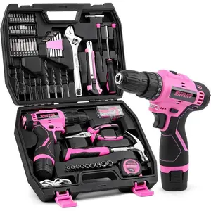 147 Piece Pink Power Drill Drivers Tool Set with 12V Cordless Drill, Professional Household Home Tools Kit Set, DIY Pink Electric Drill Cordless Hand Tool Box for Women