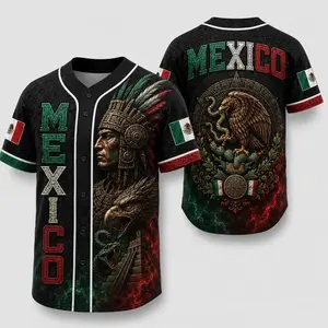 Unisex Mexico Aztec Warrior 3D All-Over Print Sports Button Jersey, Vintage Mexican Flag Eagle and Snake Graphic Clothing, Cinco de Mayo Patriotic Heritage Gift, Edition Men's Style Summer Sportswear, Limited Women Shirts