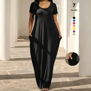 TFNOSIZE women’s casual dress with a crew neck, short sleeves, and pockets—elegant, minimalist, breathable, comfortable, and flowy. Fashionable knit loungewear/sleepwear for everyday wear at home. Womenswear, Nightwear, Basic