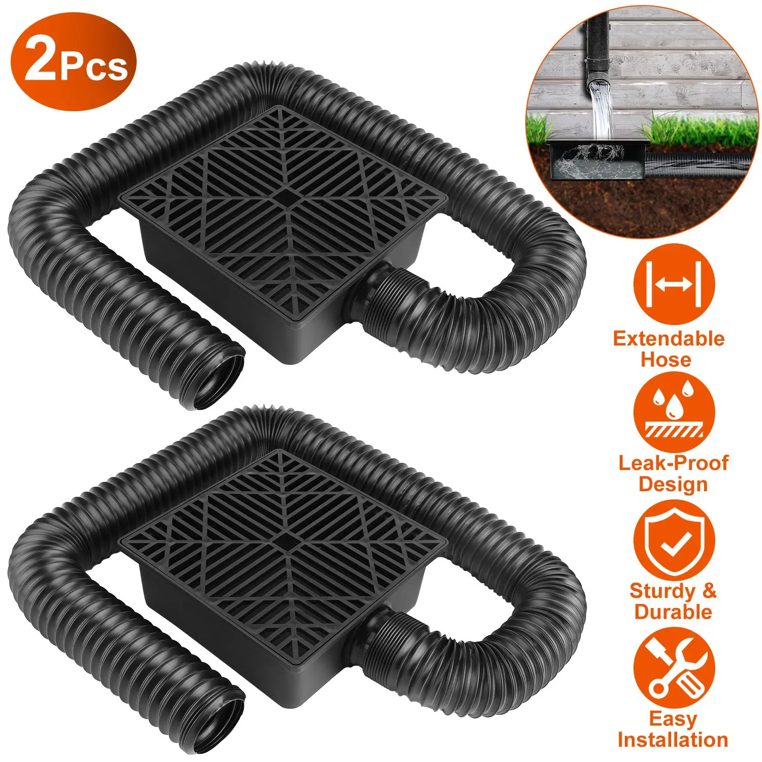 2Pcs Durable Gutter Downspout Extension - Low Profile, No Deep Digging Catch Basin, 4.9ft Long Sturdy Flexible Hose for House Foundation Protection, Rainwater & Soil Erosion Control