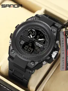 Sanda Cross-Border Best-Selling Large Dial Tactical Chronograph Watch for Men, Student Multi-Function Dual Display Sports Waterproof Electronic Watch, Dual Display Wristwatch, Waterproof Wrist Watch