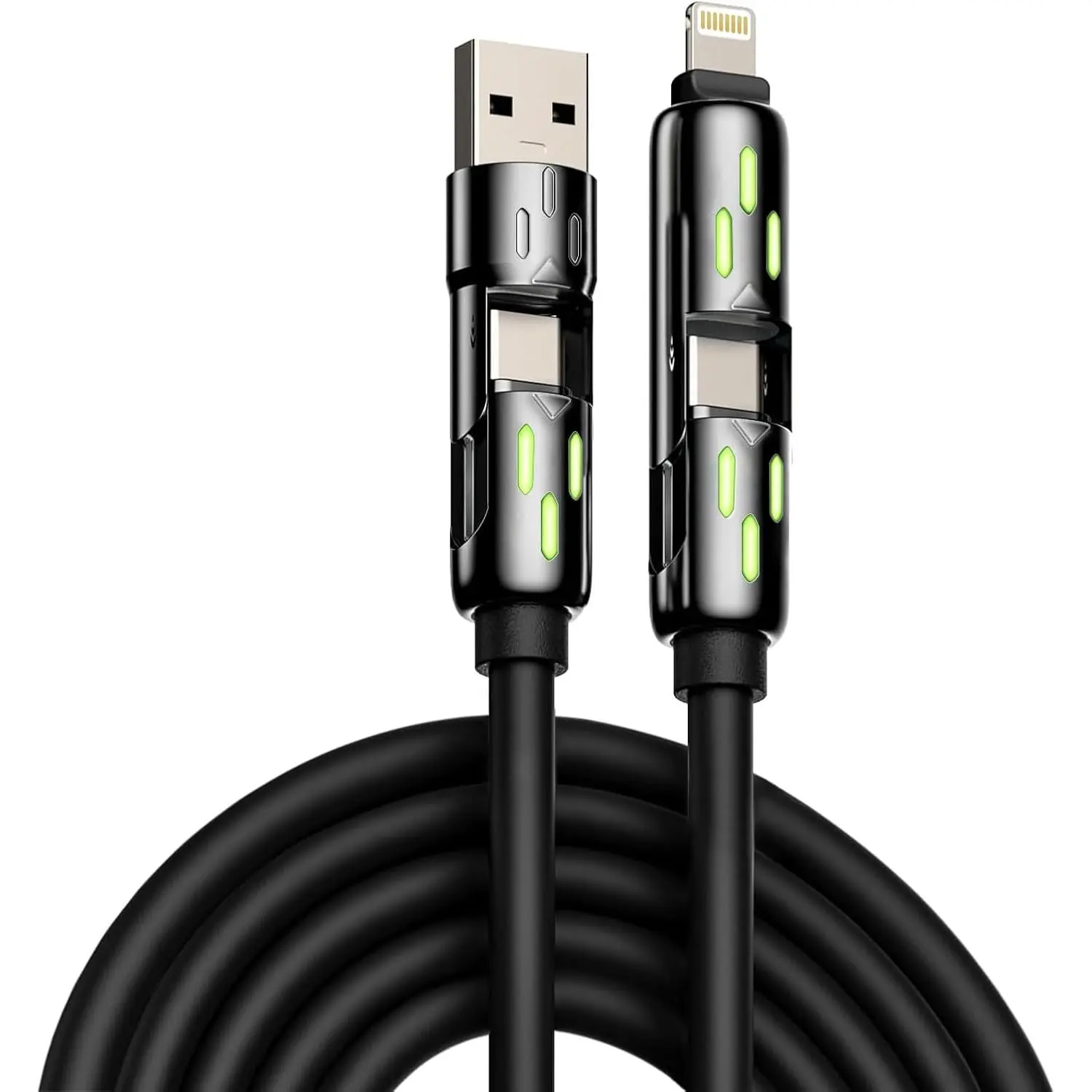 2m Black 4-in-1 High-Speed USB Breathing Light Charging & Sync Cable  (2-Pack) - Compatible with iPhone 16/15/14/13/12/11 Pro Max, iPad,  Samsung Galaxy, MacBook, Cellphone & Electronic Devices, Travel  Charger