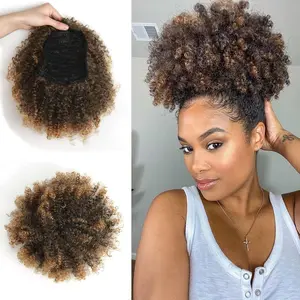 Afro Puff kinky curly Drawstring Ponytail Extension for Women Afro Drawstring Ponytail Kinky Curly Afro Puffs Synthetic Curly Ponytail Hairpieces Updo Hair Extensions with Two Clips (12 Inch, T1B/27#)