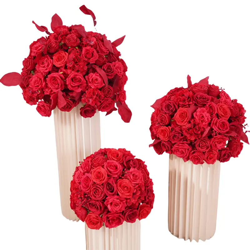 S-A875205 3pcs Red Rose Table Centerpiece Flower Ball Wedding Banquet Floral Supplies