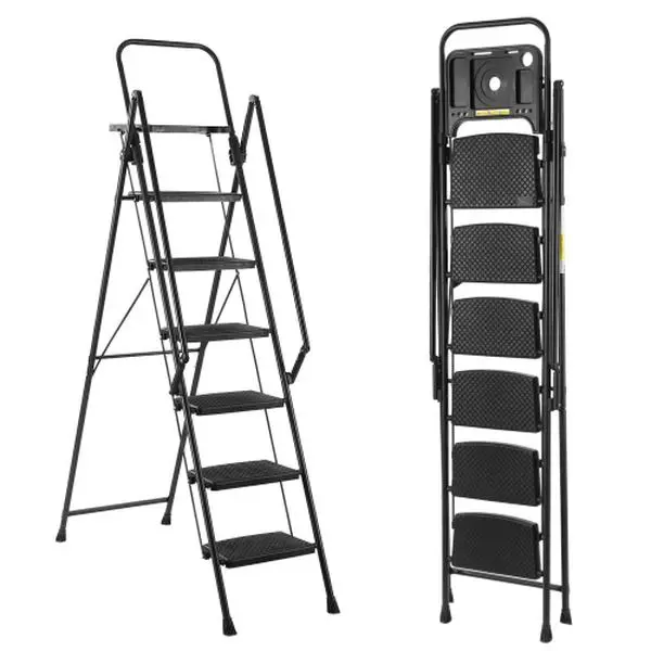 Bellemave 6-Step Folding Steel Ladder with Steel Frame, Handles, Anti-Slip Wide Pedals, Detachable Tool Tray, Back Cross Brace Structure - 23.37 lbs, 18.11x35.00x67.72 in, Pre-Assembled Lightweight Sturdy Carry Ladder for Home Improvement, Washing Windows