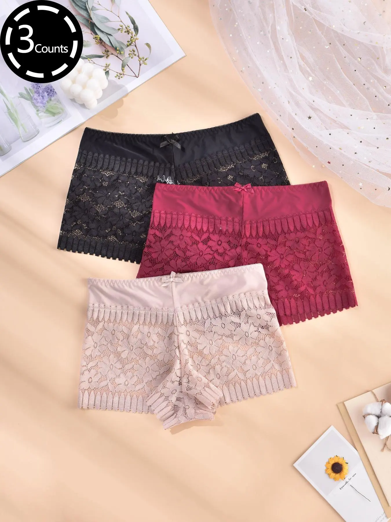 Women's High Elastic Floral Lace Triangle High Waist Panties Set, Soft Skin-Friendly Fabric, All-Season Underwear, 3-Piece Multi-Color Pack, Floral Print Panty