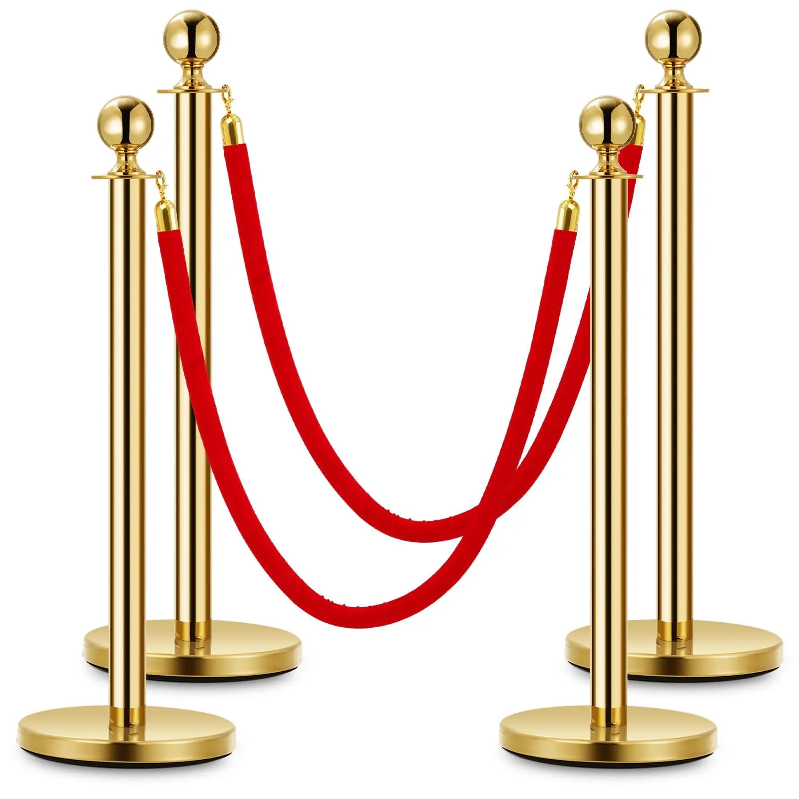 【GARVEE】4 PCs Gold Stanchion Posts with 5ft Red Velvet Ropes, Stainless Steel Retractable Barrier Set for Crowd Control at Events, Parties, Theaters, and Museums (4 Posts & 2 Ropes)