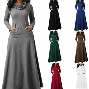 Autumn Winter Solid Color Patchwork Pocket Scarf Long Dress Casual Womenswear