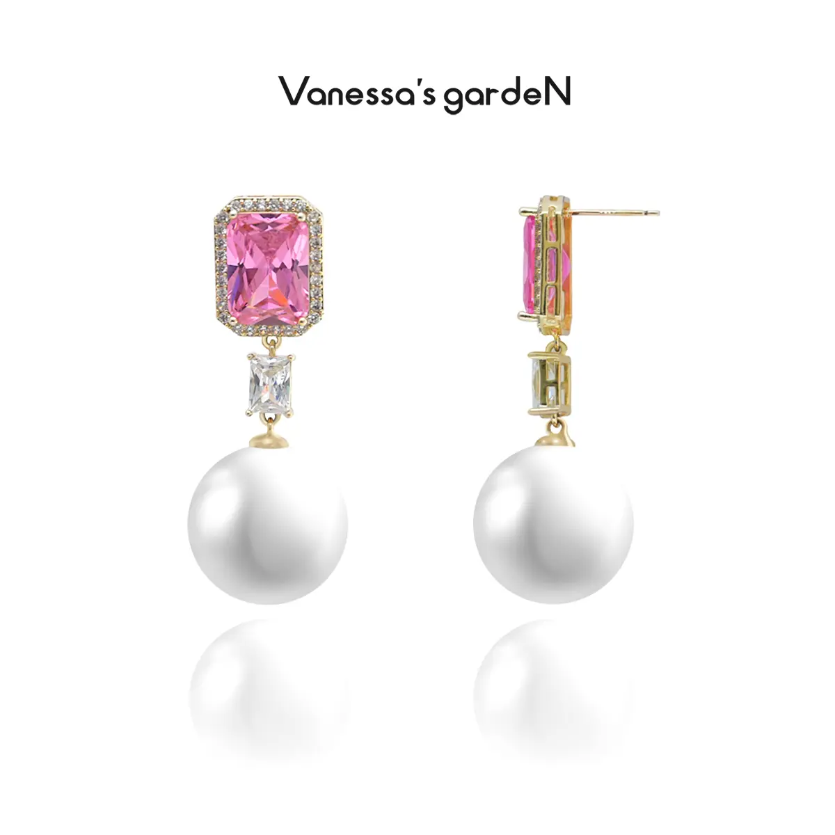 French Vintage-Cut Pink CZ & Pearl Drop Earrings-18K Gold-Plated-Pink Halo Collection-Elegant & Luxurious, Perfect for Banquets & Dates
