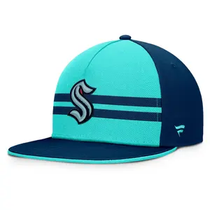 Fanatics Seattle Kraken Hip Check Flat Brim Snapback Hat - Ice Blue & Navy Blue Adjustable Snapback Cap with Embroidered Logo