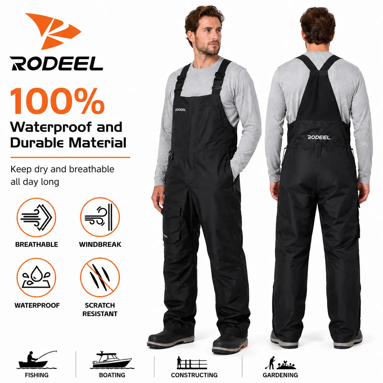 【RODEEL】724 Premium Waterproof Bib Overalls Men Tactical Workwear w/ Adjustable Suspenders and Multiple Pockets Relaxed Rain Pants Rainwear for Outdoor Fishing Boating Car Washing Construction Landscaping Gardening Menswear SummerWins