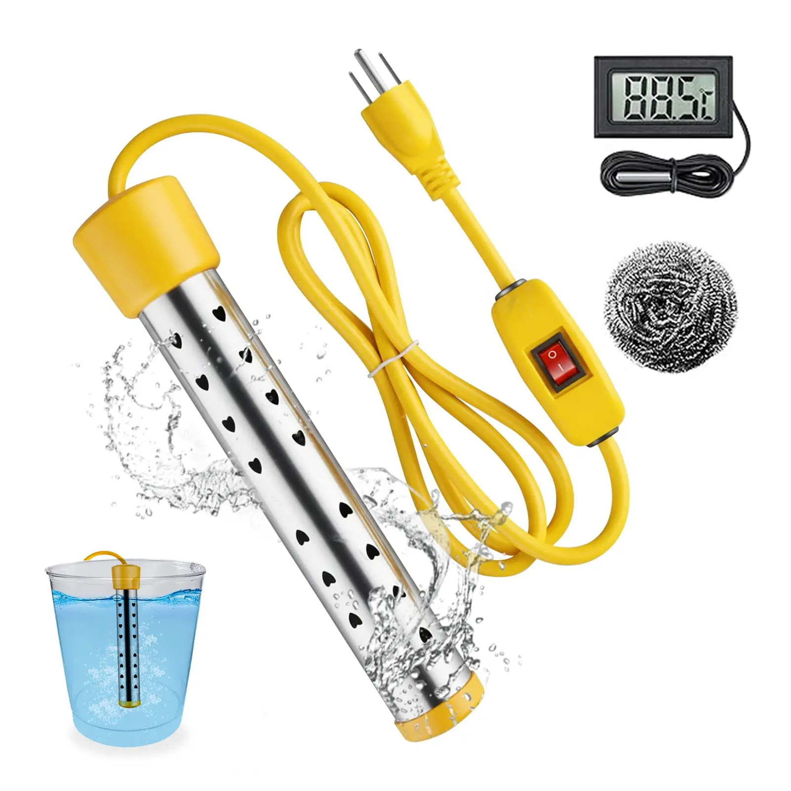 Portable Electric Immersion Water Heater with Switch & Intelligent LCD Display - Fast Efficient Heating for Bathtub, Outdoor Swimming Pool - Specialty Kitchen Utensil for Camping Trips