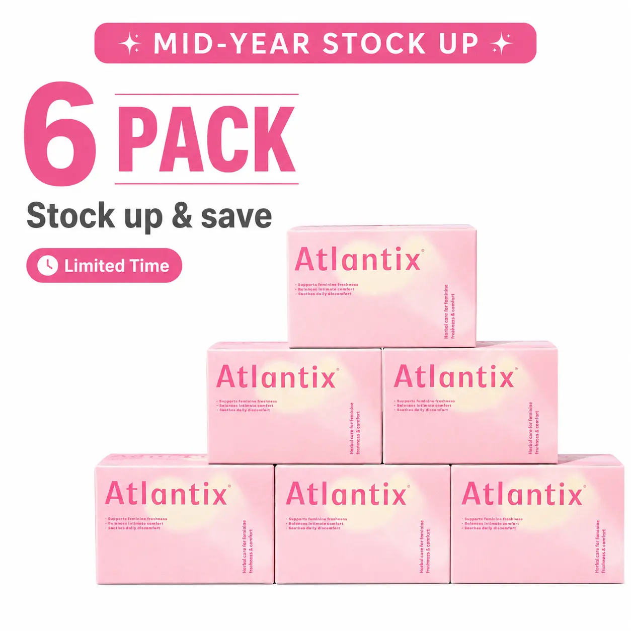 ATLANTIX Snow Lotus Steam Pad 6-Pack Mega Bundle（48 Count）| Best Value for Mid-Year – 7 Plant Extracts, Daily pH Balance & Fresh Feel Intimate Bona Pads Panty Liners