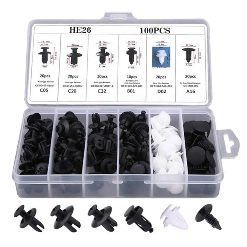 HE26 100pcs Universal Expansion Screw Clips Set for Automobiles Mudguard Leaf Plates Door Panel Clips C05 C20 C32 B01 D02 A16 Car Accessories