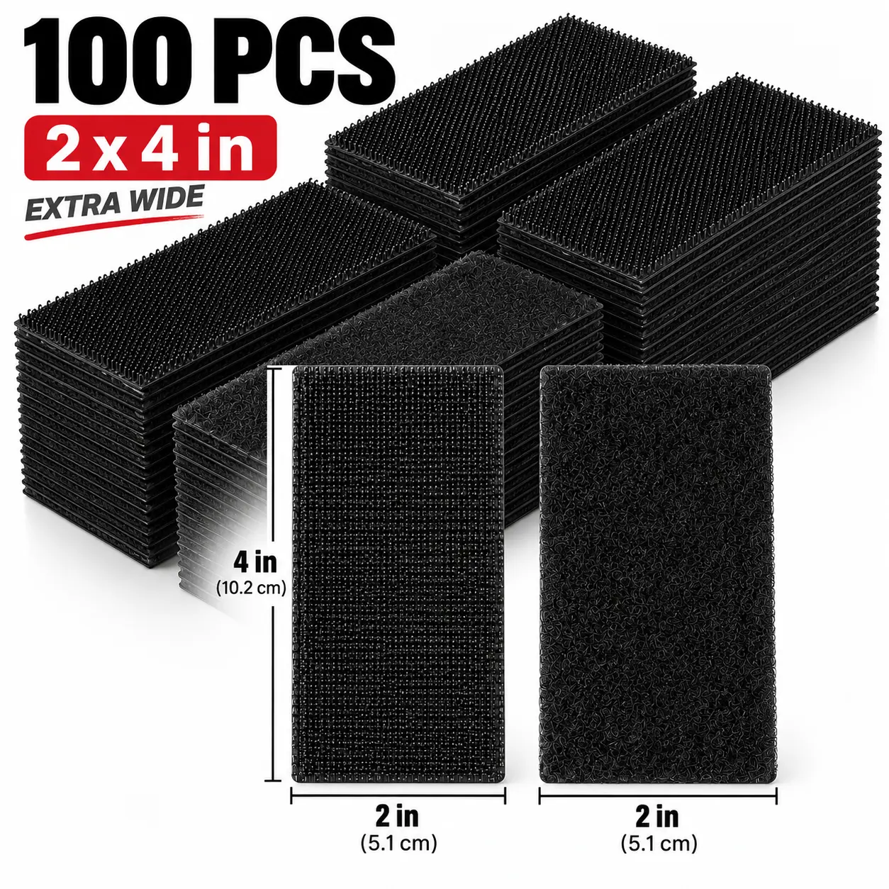 Extra Wide 2 x 4 Inch Heavy Duty Self-Adhesive Hook and Loop Strips, 50 Pairs (100 PCS), Strong Mounting Strips for Picture Frames, Wall Decor, Home & Office Organization
