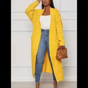 Women's Solid Color Textured Drop Shoulder Pocket Longline Cardigan, Casual Open Front Knitwear  Textured Knit for Fall & Winter, Women's Knit Clothing for Daily Wear, Knitwear for Daily Wear Womenswear Tops Knitting Khaki Basic Minimalist