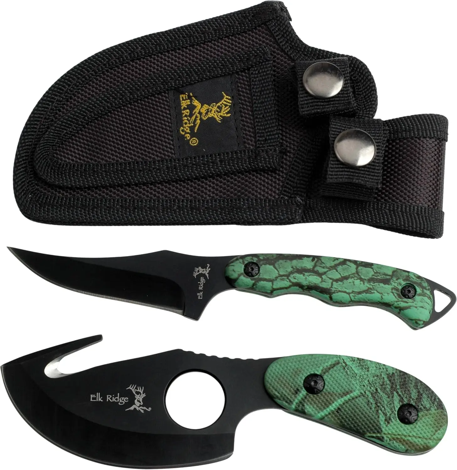 Elk Ridge 2-PC Fixed Blade Hunting Knife Set-Black Stainless Steel Skinner & Gut Hook Blades, ER-300CA,7-Inch/6.5-Inch Overall