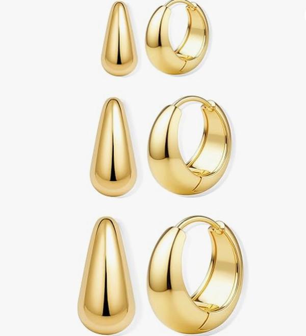BESTEEL Women's 3-Pair Earring Stacking Set, 14K Gold Filled Shiny Gold-Silver Chunky Thick Huggie Tiny Hypoallergenic Hoops for Multiple Piercings, Shiny Gold Earrings