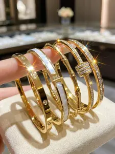 5-Piece Zirconia Inlaid Titanium Steel Bracelet Set, Waterproof Non-Fading Gold Plated, High-End Plain Circle Bangles, Exquisite Bracelet, Beautiful Bracelets, Elegant Jewelry Bracelet, Stackable Bracelets